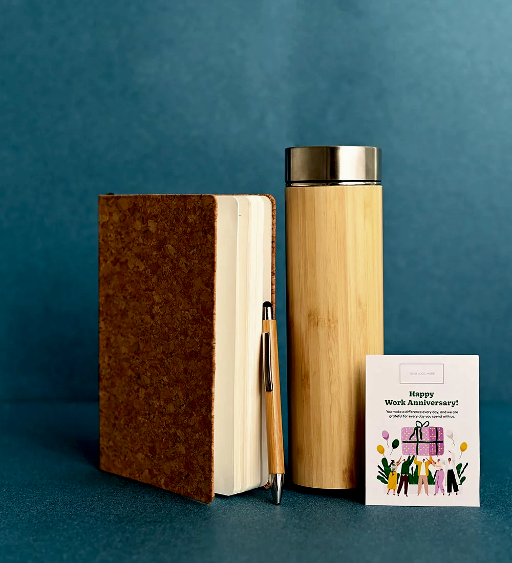 Plant with Cork Notebook, Pen &amp; Bamboo Vacuum Flask
